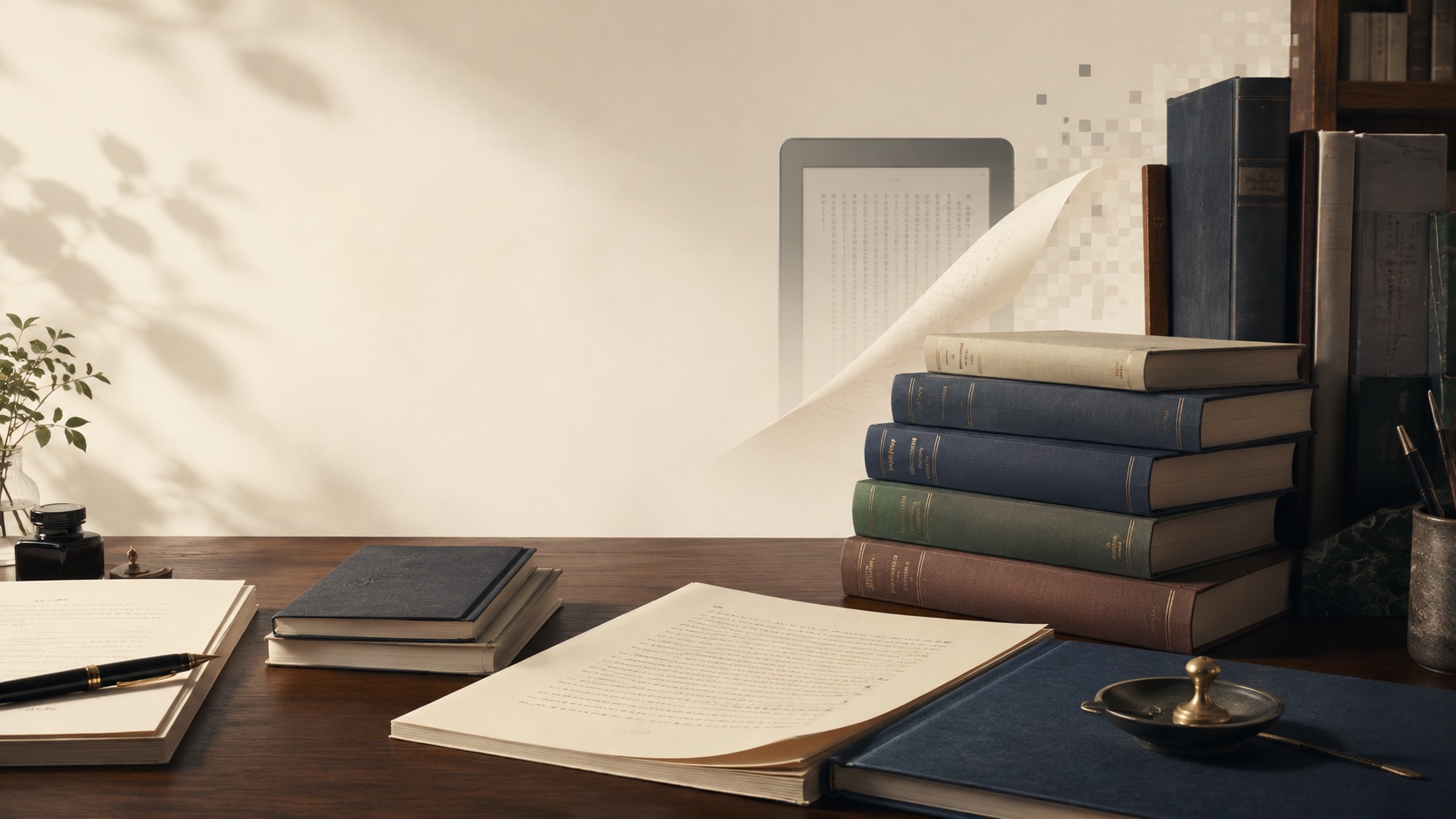 書斎の机に広げられた原稿とハードカバーの書籍、背景でKindle端末に電子化されていく様子