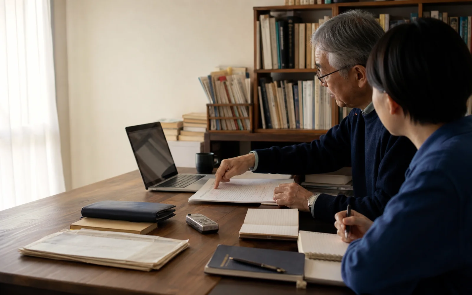 机を囲み、原稿とノートパソコンを前に経験を語り合う二人